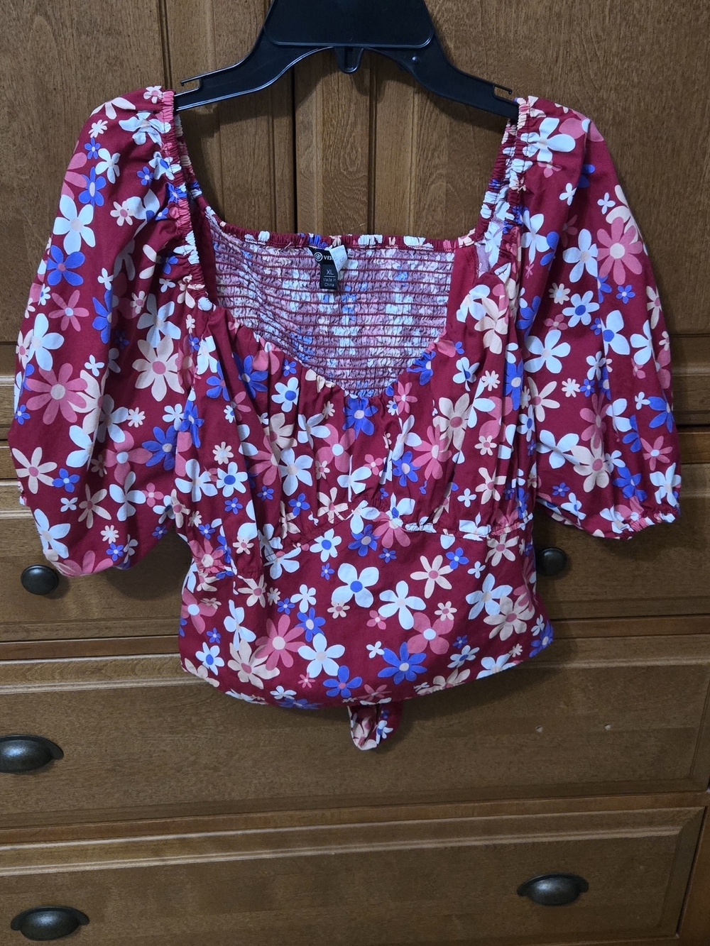 Versona Fuchsia Floral Square-Neck Puff Sleeve Crop Top